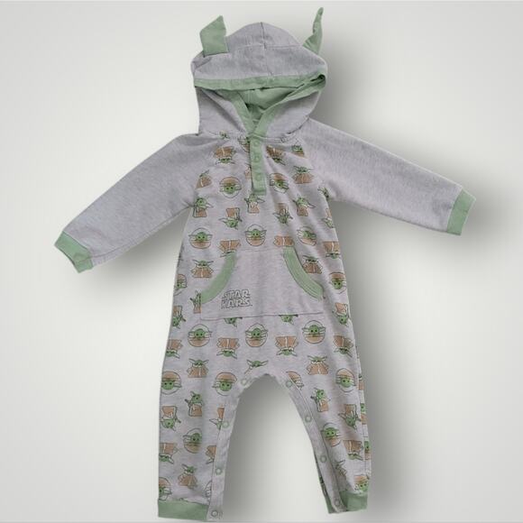 Starwars Baby Yoda Grogu One Peice Outfit 12m Hooded Ears Disney All Over Print - Picture 1 of 10